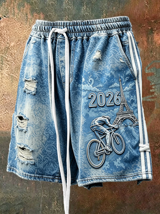 Shorts de sport décontractés à imprimé déchiré en denim d'inspiration cycliste French Tour de Force Homme