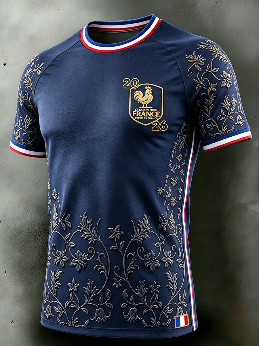 T-shirt décontracté à épaules tombantes pour homme, bleu marine, avec imprimé du coq de l’équipe de France 2026