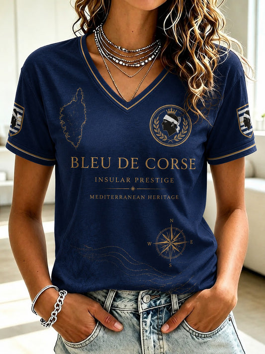 T-shirt à col en V imprimé du drapeau français de Corse pour femme