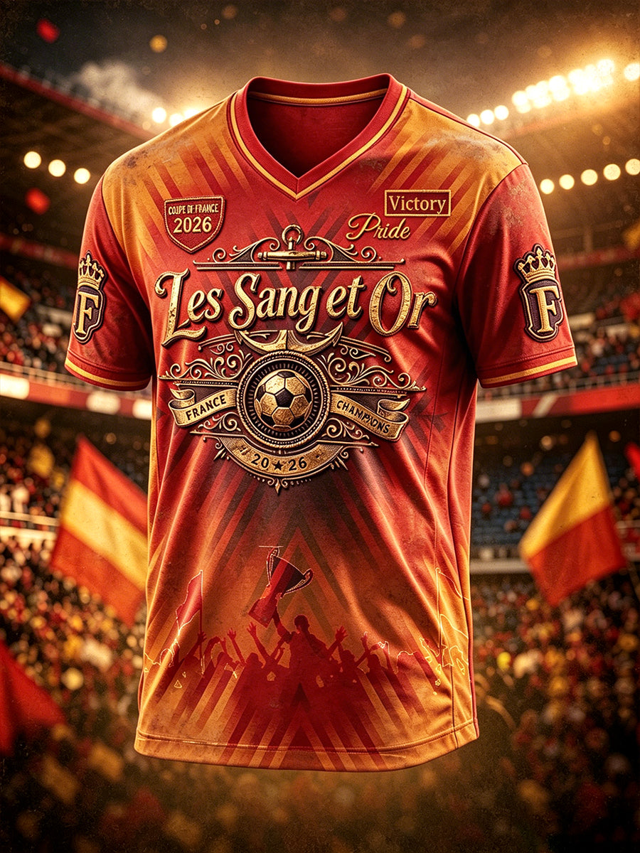 T-shirt décontracté rétro col V imprimé France 2026 Football «Les» pour homme