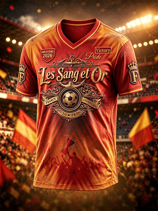 T-shirt décontracté rétro col V imprimé France 2026 Football «Les» pour homme