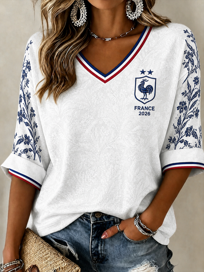 Chemise en lin à col V pour femme, motif France Football