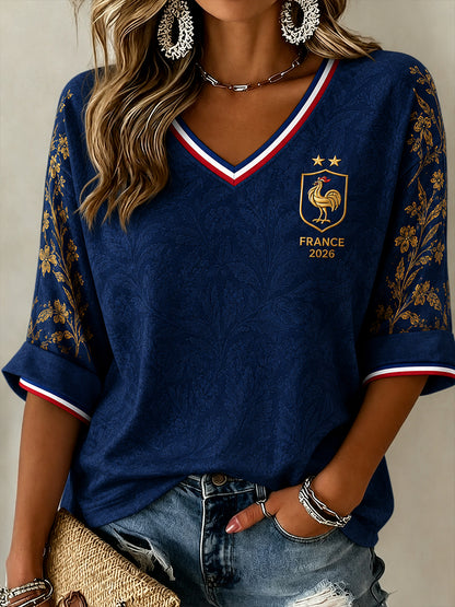 Chemise en lin à col V pour femme, motif France Football