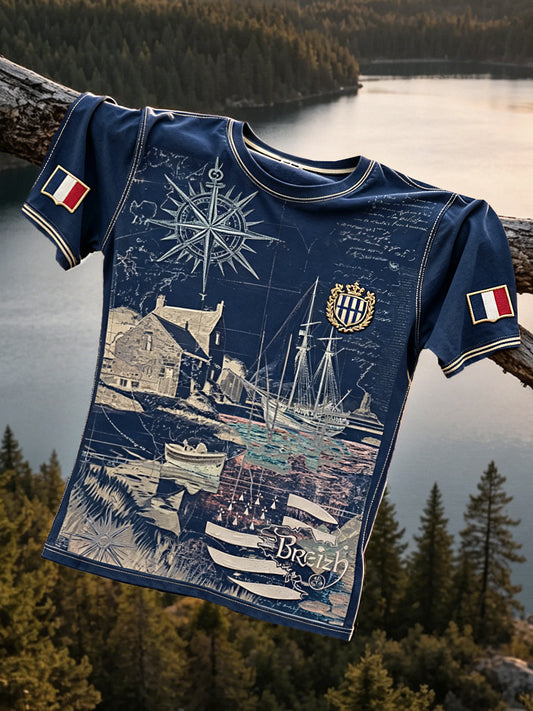 T-shirt Décontracté Homme Vintage Bleu Breton