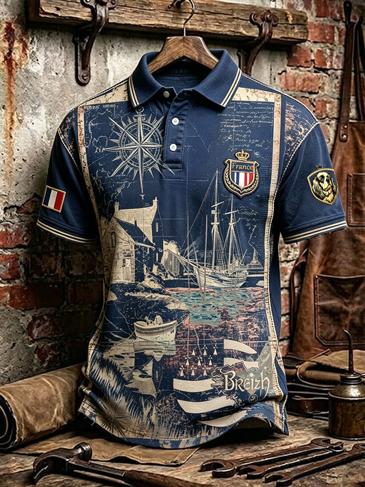 Polo décontracté bleu à imprimé Bretagne française vintage pour hommes
