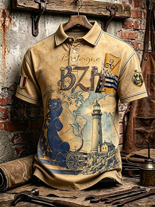 Polo Vintage décontracté à imprimé français Brittany Harbour pour hommes