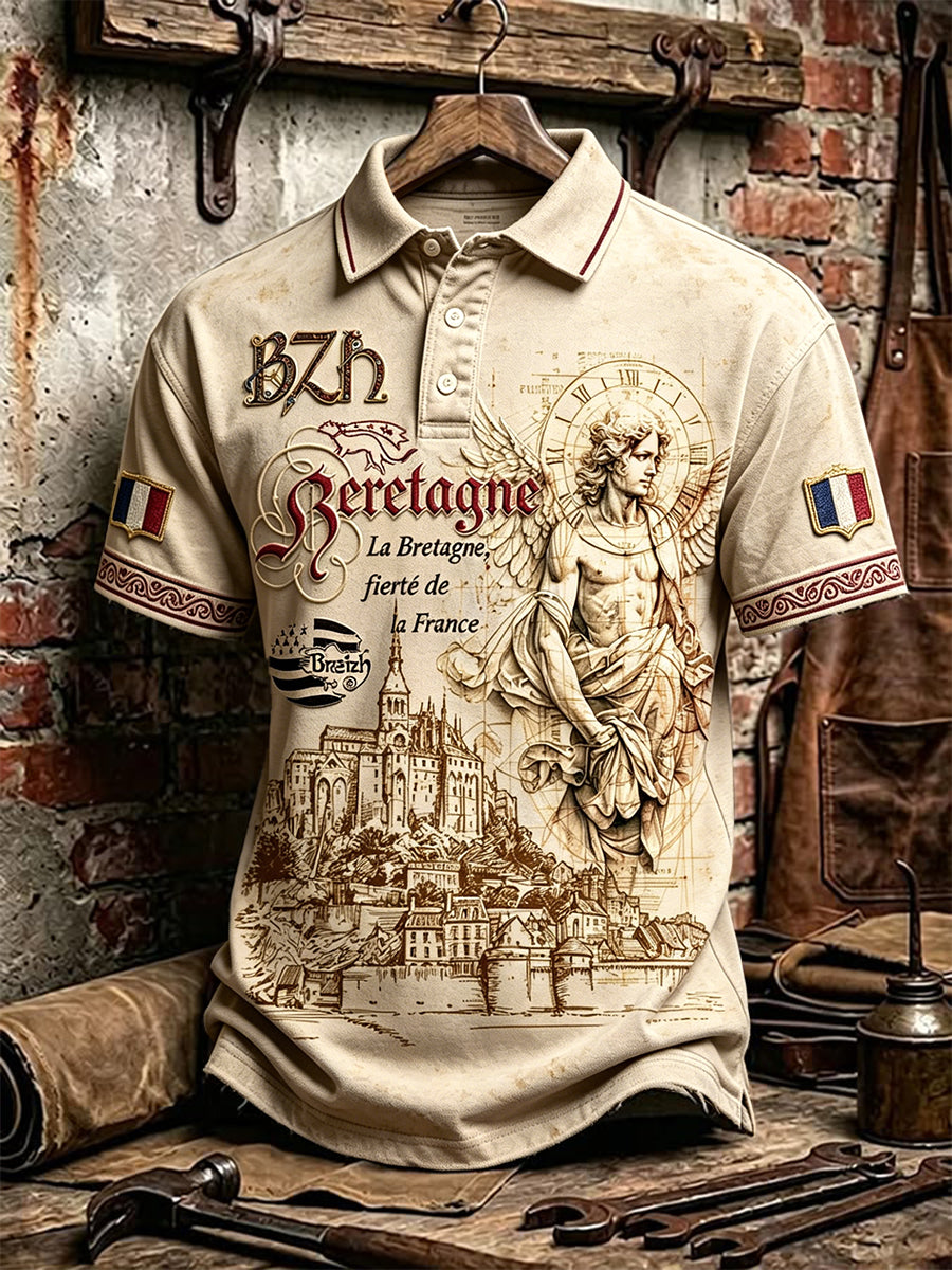 Hommes Vintage Français Bretagne Michael l'archange Imprimer Polo décontracté
