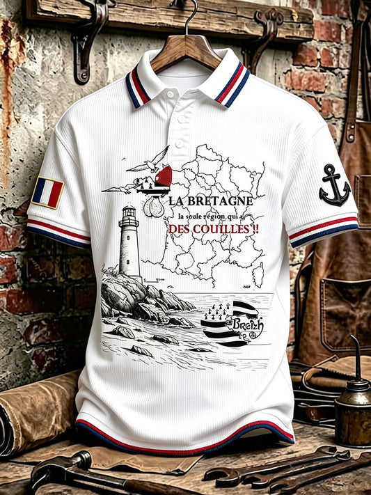 Polo Homme Décontracté Blanc À Imprimé Breton