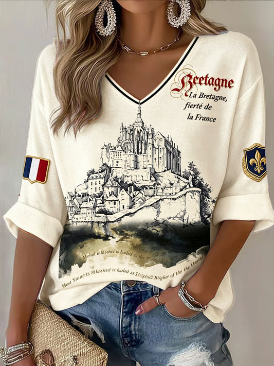 T-shirt à col en V rétro blanc cassé français Bretagne Mont Saint-Michel pour femme