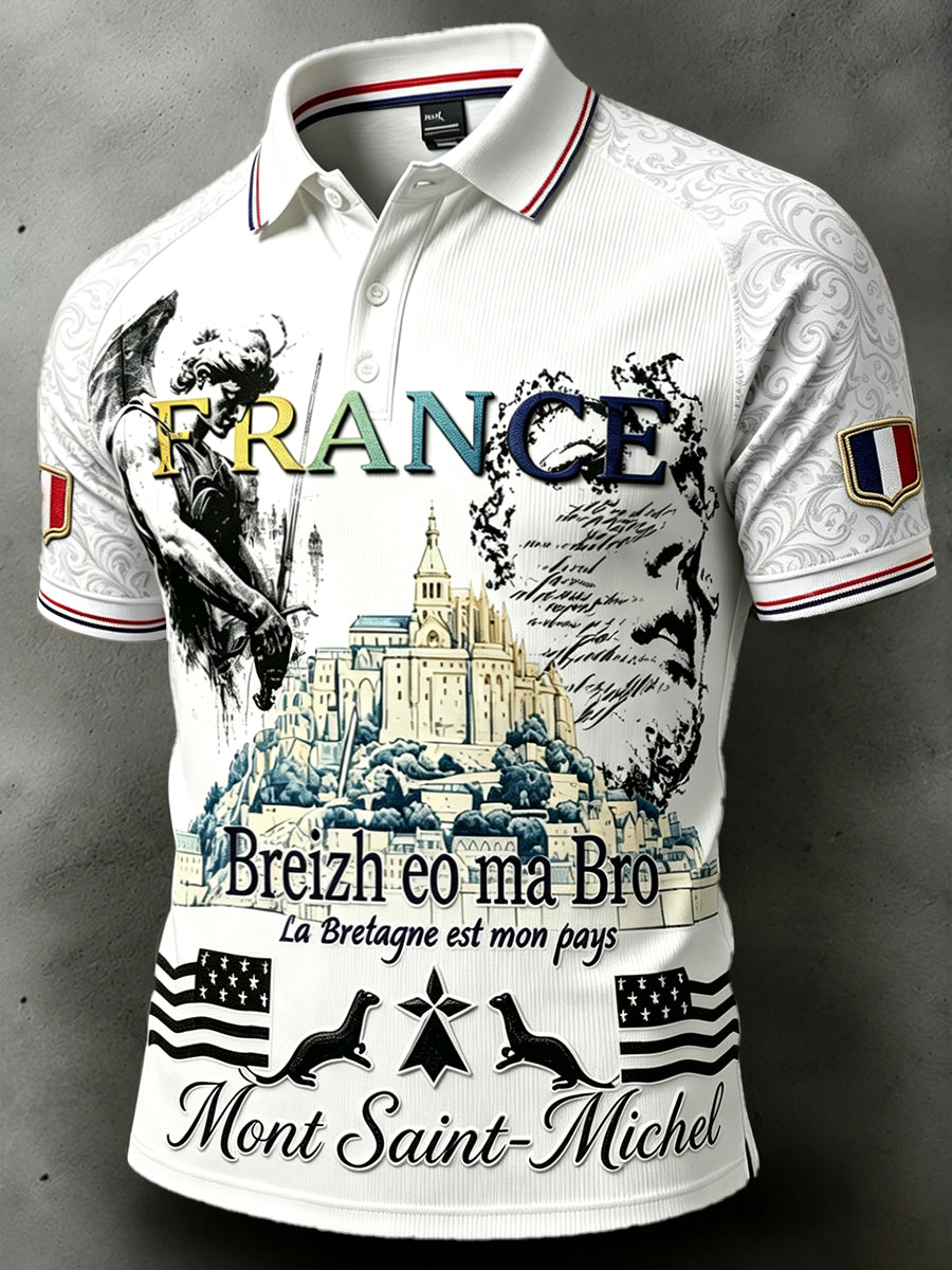 Polo Homme Décontracté Blanc Français Imprimé Bretagne Saint-Michel-du-Mont-Saint-Michel