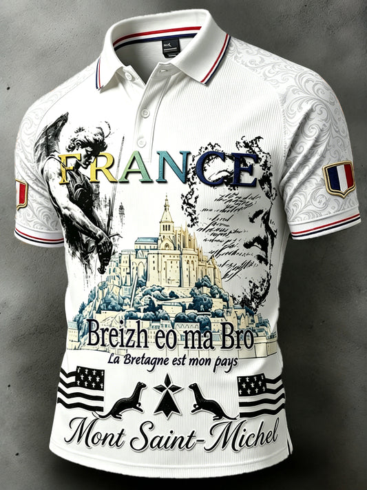 Polo Homme Décontracté Blanc Français Imprimé Bretagne Saint-Michel-du-Mont-Saint-Michel