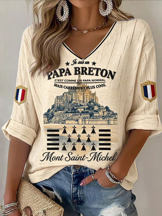 T-shirt décontracté à col en V à imprimé français et couleur abricot vintage pour femme