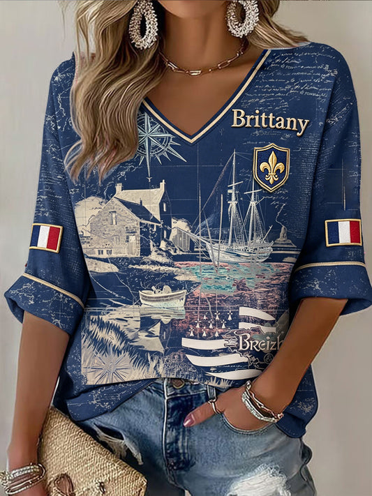 T-shirt à col en V décontracté à imprimé français bleu marine vintage pour femme