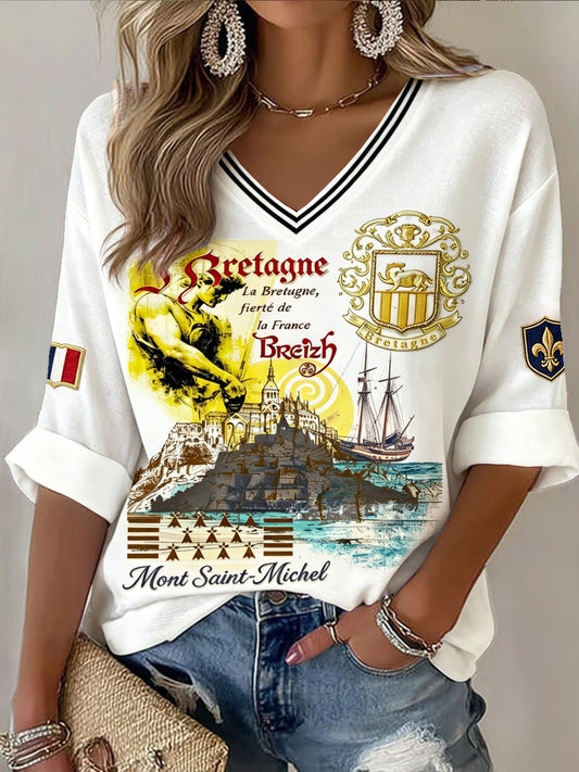 Femmes Vintage Off-White Français Bretagne Mont Saint-Michel Imprimer Casual V-Neck T-Shirt