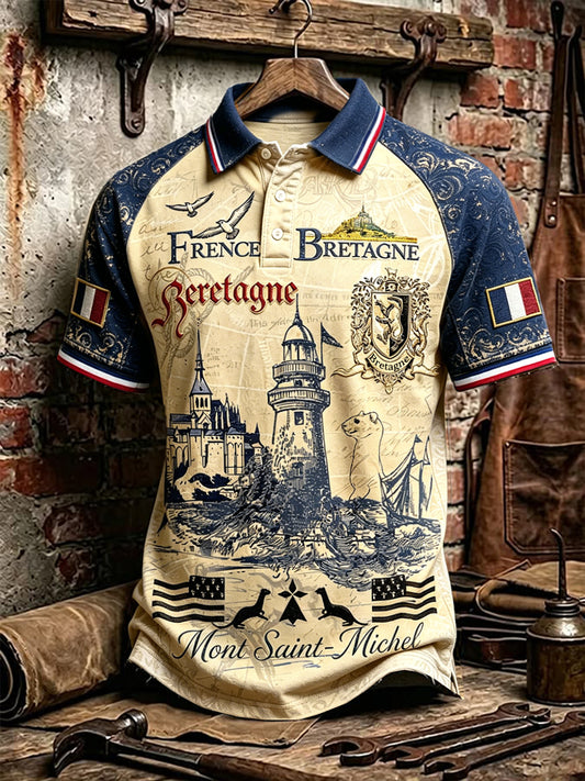 Polo à épaules décontractées à imprimé breton français vintage pour homme