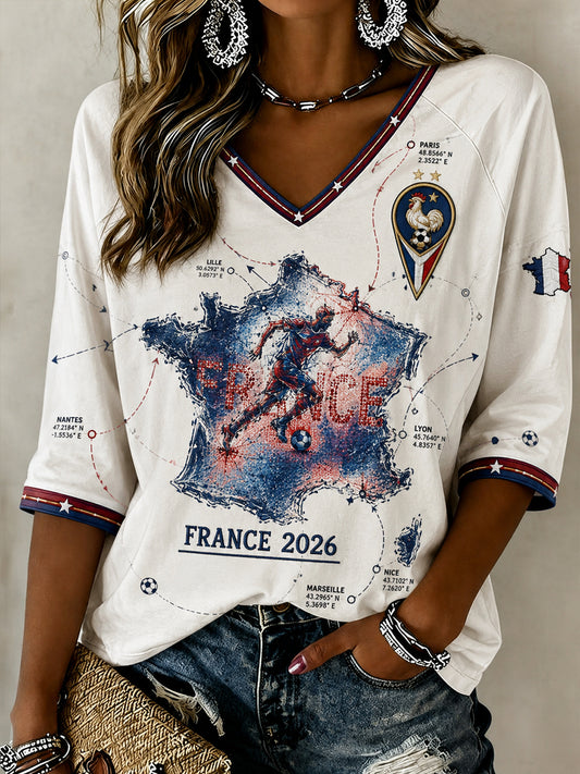 T-shirt français de football pour femmes, en lin, à manches courtes