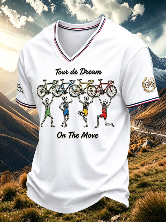 T-shirt décontracté à col en V pour homme, blanc, imprimé 3D Tour de France