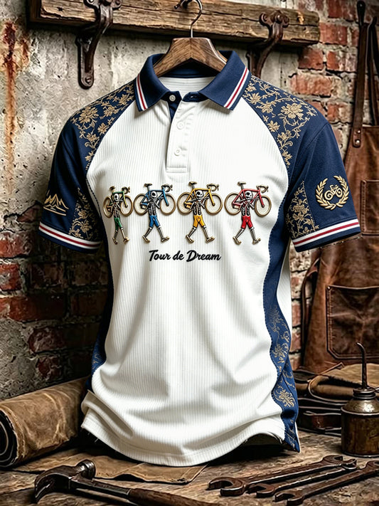 Polo décontracté pour homme à imprimé 3D en patchwork squelette, inspiration Tour de France cycliste