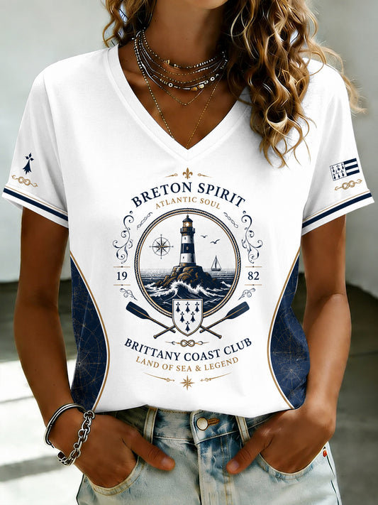 T-shirt à col en V imprimé celtique de Bretagne, pour femme