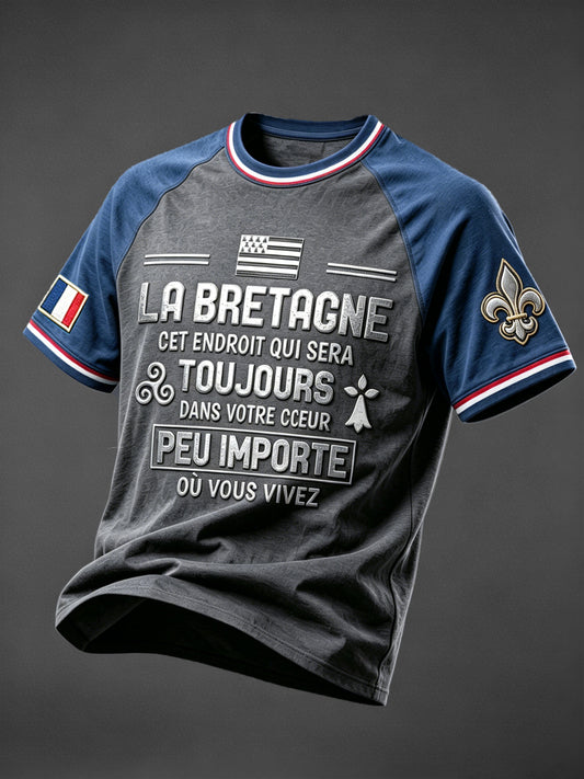 T-shirt Décontracté Homme Gris Foncé À Imprimé Breton Français À Goutte Épaule