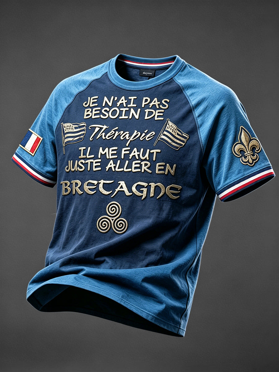T-shirt décontracté à épaules dénudées avec patchwork bleu imprimé Bretagne française pour hommes
