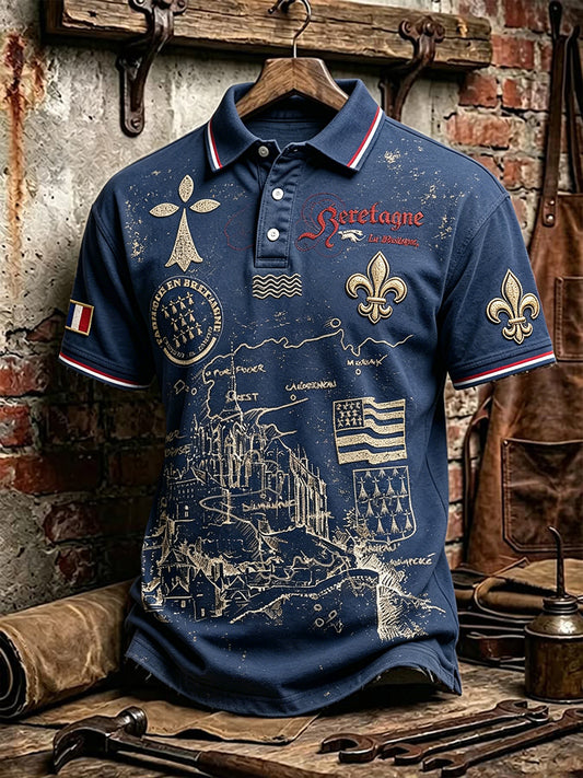 Polo décontracté à imprimé montagne Saint-Michel Bretagne française bleu marine vintage pour homme