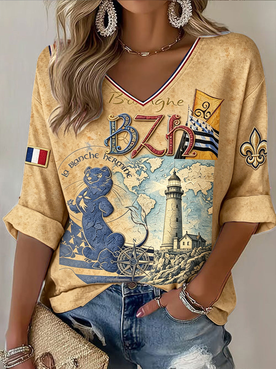 Tee-shirt Femme Couleur Café Français Style Breton Mignon Imprimé Décontracté Col V