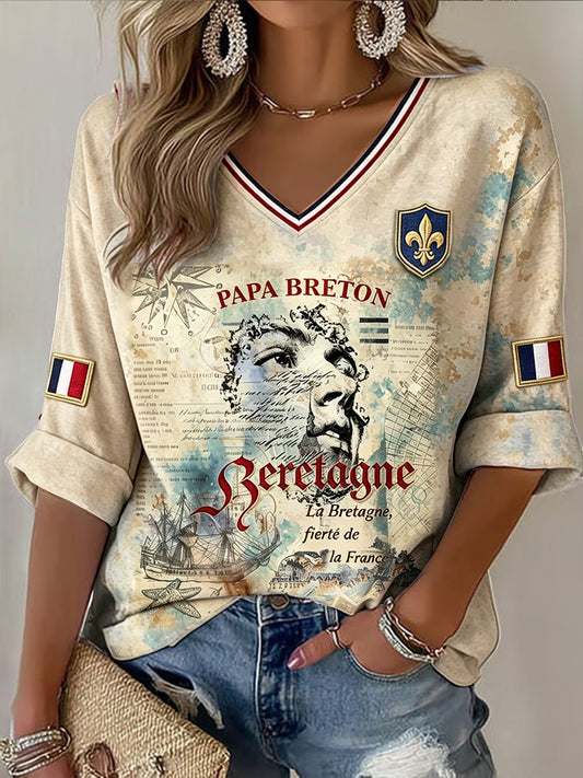 T-shirt à col en V décontracté Brittany Michael Vintage pour femmes
