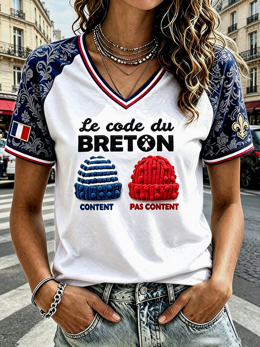 T-shirt à col en V décontracté à imprimé créatif de style breton français pour femmes