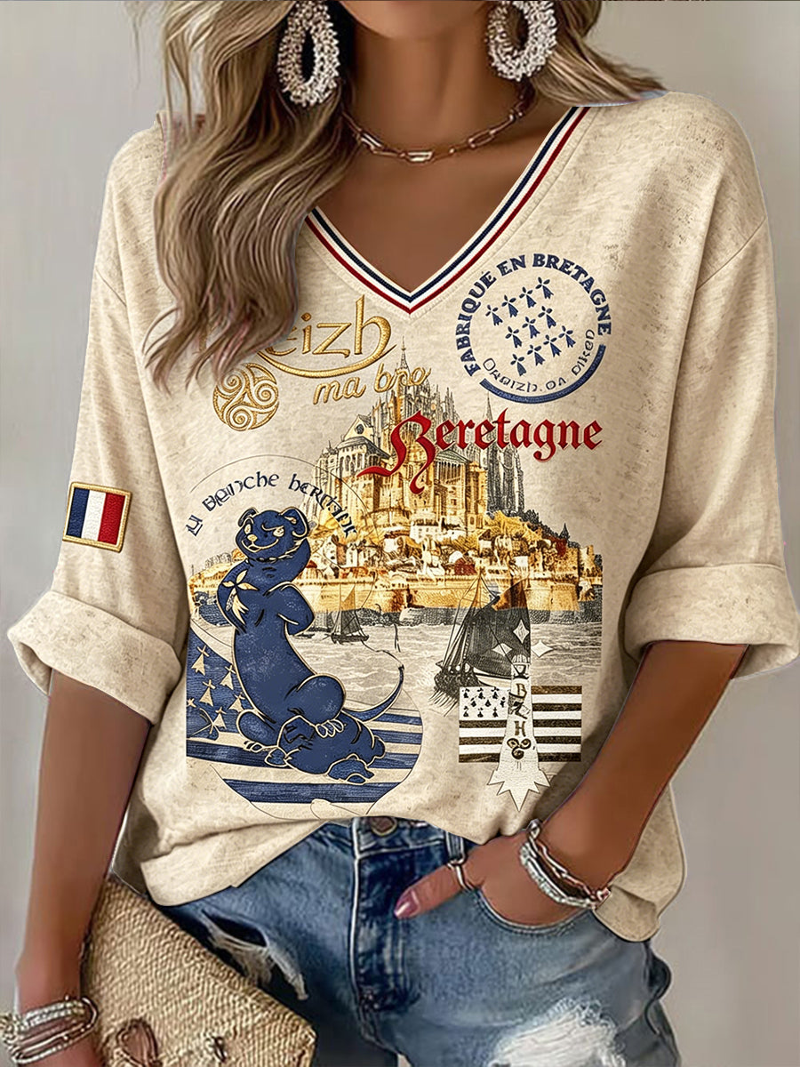 Femmes Vintage Français Bretagne Mont Saint-Michel Imprimer T-shirt décontracté à col en V
