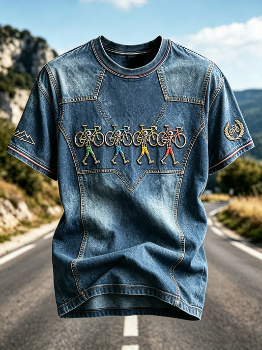 T-shirt décontracté pour homme, style rétro français cycliste, inspiration Tour de France, en patchwork denim à imprimé