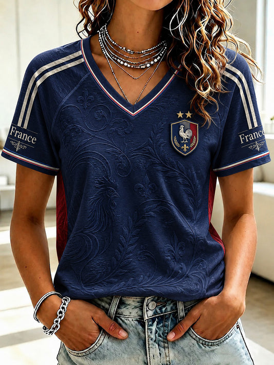 T-shirt à col en V imprimé France Football pour femme