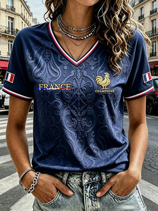 T-shirt décontracté à col en V pour femme, bleu foncé, motif coq français de football