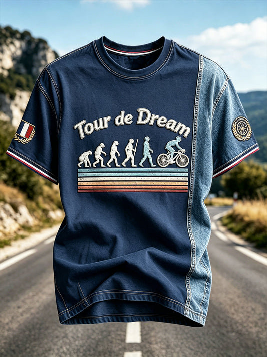 T-shirt décontracté pour homme, bleu, en denim cycliste français, motif patchwork imprimé