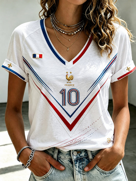 T-shirt femme France Football à col en V et épaules dénudées, manches courtes