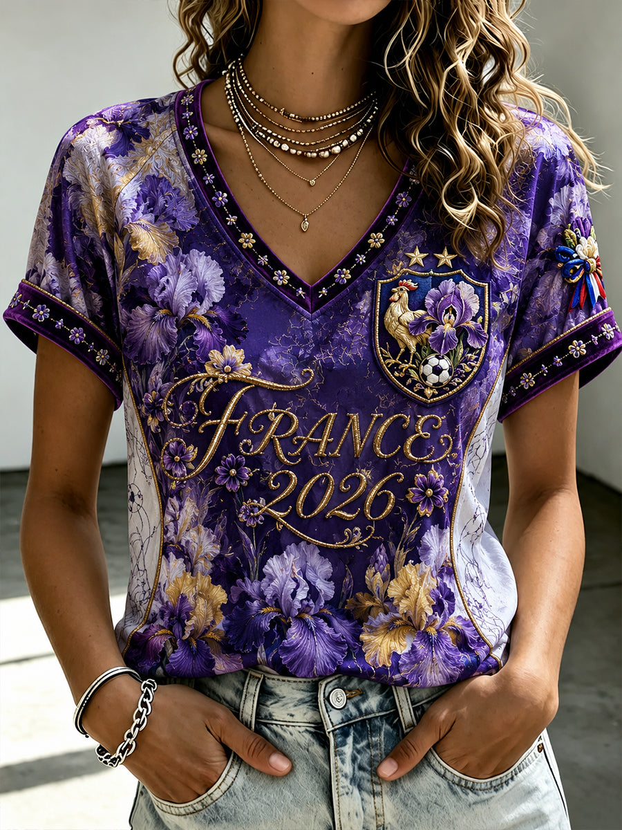 T-shirt femme France Football à col en V et épaules dénudées, manches courtes