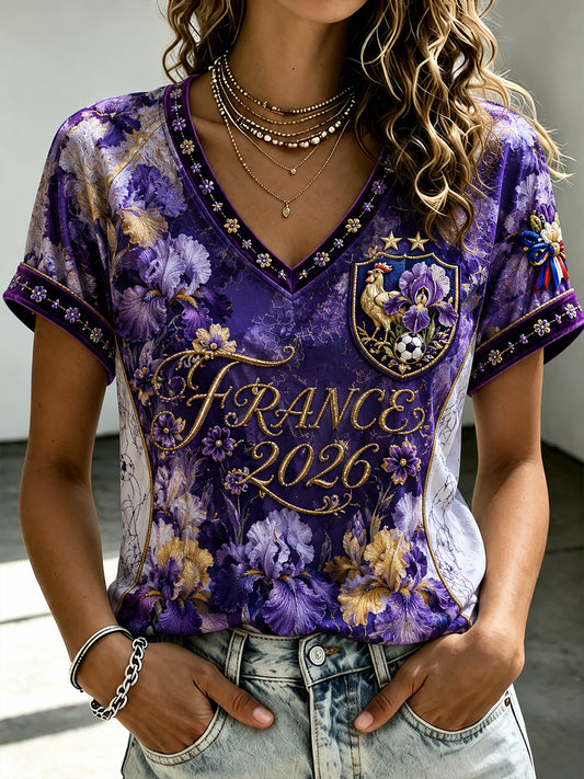 T-shirt femme France Football à col en V et épaules dénudées, manches courtes