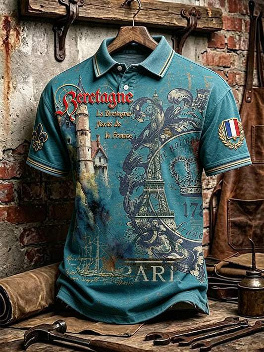 Polo décontracté pour homme, style rétro français, motif Tour Eiffel pour la fête nationale du 14 juillet