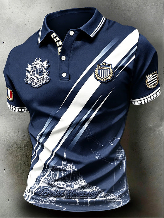 Polo professionnel décontracté pour homme, bleu foncé, à imprimé breton français