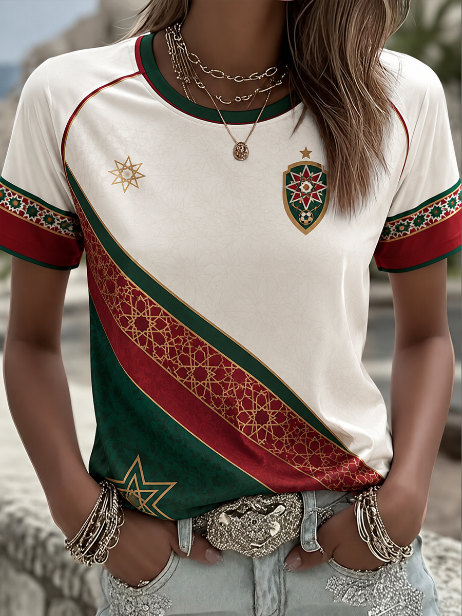 T-shirt femme imprimé football marocain, col rond, manches courtes