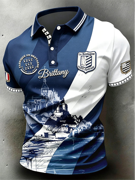 Polo professionnel décontracté pour homme, style breton, motif patchwork montagne Saint-Michel
