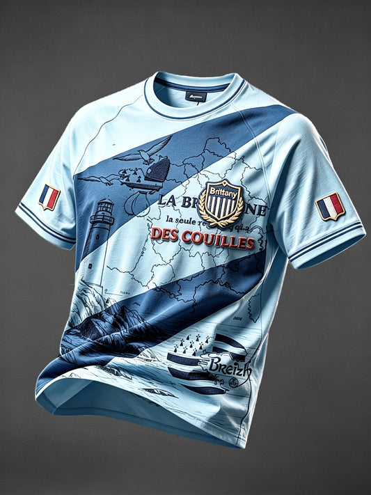 T-shirt décontracté à épaules tombantes pour homme, bleu clair, imprimé breton français