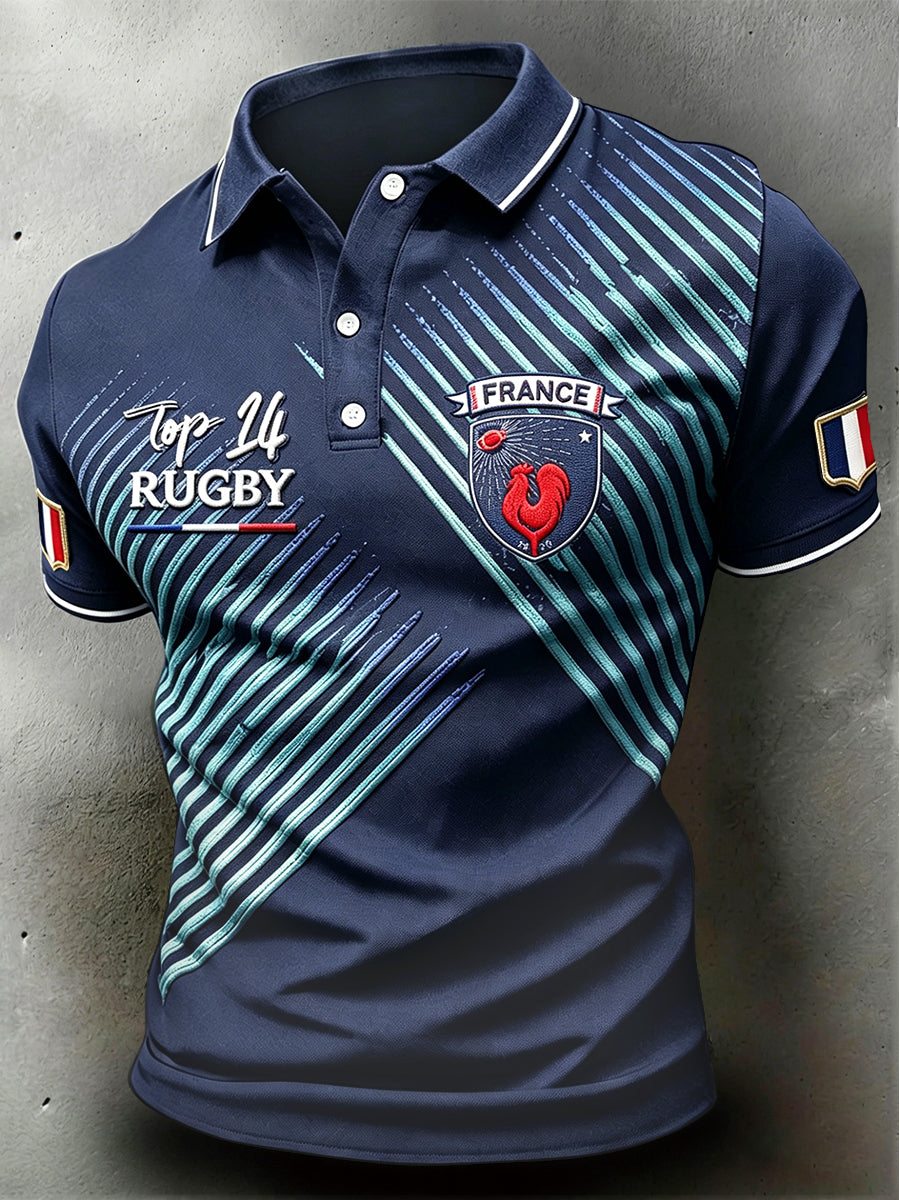 Polo Décontracté Homme Bleu Foncé Top 14 "Coq" Rugby French