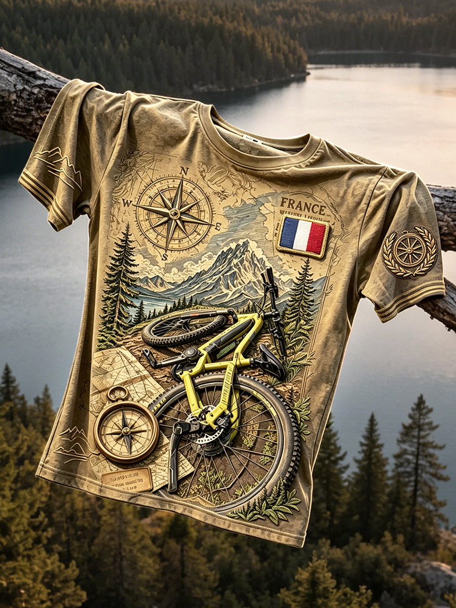 T-shirt décontracté à imprimé cyclisme français vintage pour hommes