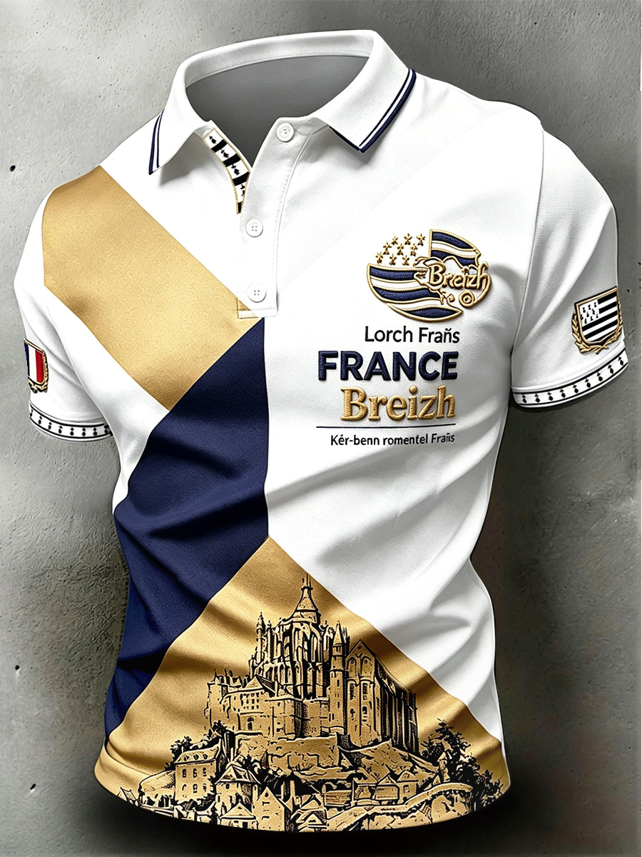 Polo homme décontracté de style professionnel, en patchwork, imprimé Mont-Saint-Michel, modèle français