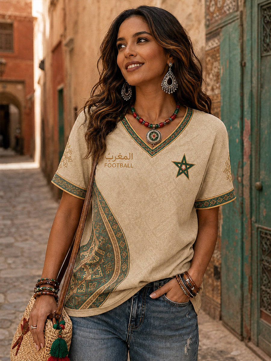 T-shirt décontracté avec impression d’art fan de football marocain rétro