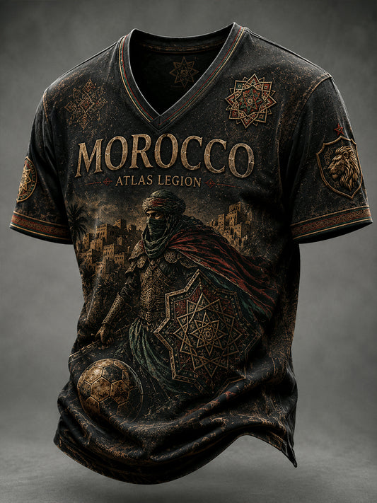 T-shirt décontracté avec impression d’art fan de football marocain rétro