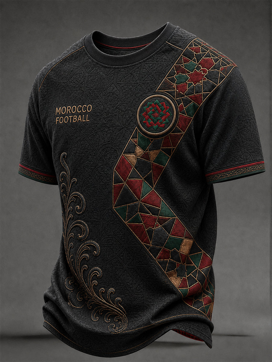 T-shirt décontracté avec impression d’art fan de football marocain rétro