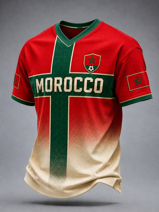T-shirt décontracté avec impression d’art fan de football marocain rétro