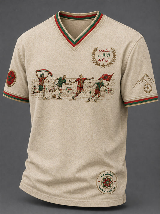 T-shirt décontracté avec impression d’art fan de football marocain rétro